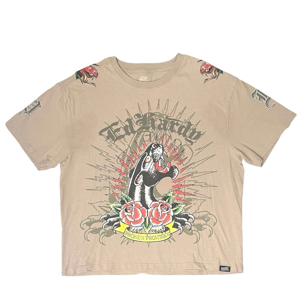Ed Hardy x Broken Promises Love Scars Beige T-Shirt Size XL Cyber Y2K Tattoocore - Picture 6 of 13